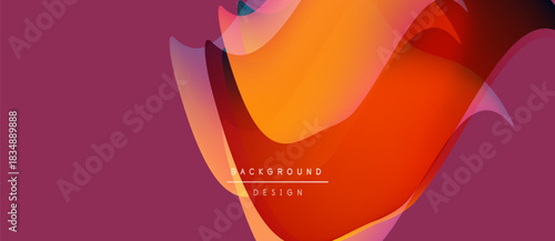 Abstract fluid shapes, vibrant orange hues dominate design. Background features gradients, curves, text elements present. Modern aesthetic.