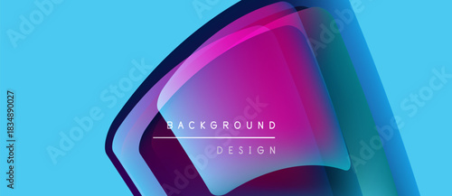 Abstract vibrant layers create dynamic visual effect. Blue backdrop complements purple, pink, teal gradients. Modern design element.