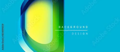 Abstract vibrant design features layered shapes. Blue, yellow, green hues create dynamic visual effect. Modern aesthetic.