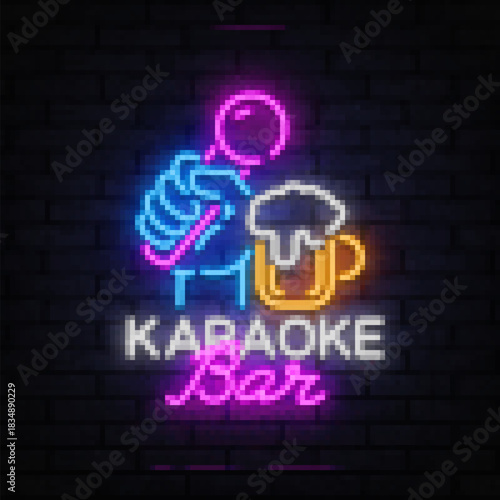 Karaoke Bar. Neon hand holding a mic and a beer mug illustrates a fun bar vibe with music and drinks.
