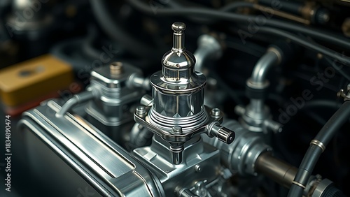 carburetor. Polished chrome carburetor in a vintage automobile engine, mechanical detail. mobility guides, transit brochures, designed for transport & logistics marketing, used by product marketers.