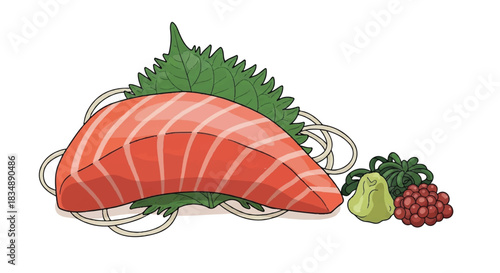 Fresh Sliced Salmon Sashimi on Perilla Leaf with Wasabi
