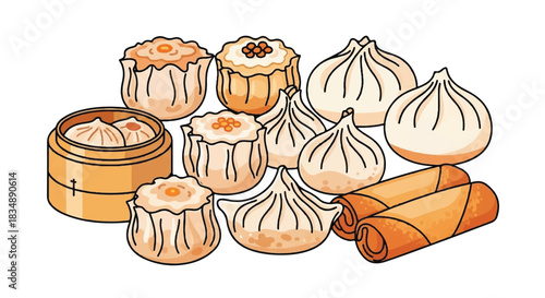 Assortment of Traditional Chinese Dim Sum Dumplings and Buns