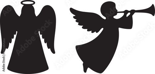 Black Silhouette Angel Icon Set – Flying Trumpet Angel and Standing Halo Angel for Spiritual, Religious, and Festive Design