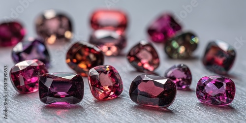 Rhodolite garnet stones shine with rainbow colors on a soft gray background, showcasing their unique beauty and craftsmanship in natural gemstones
