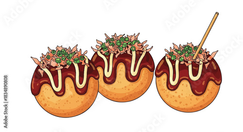 Japanese Takoyaki Octopus Balls with Sauce and Toppings