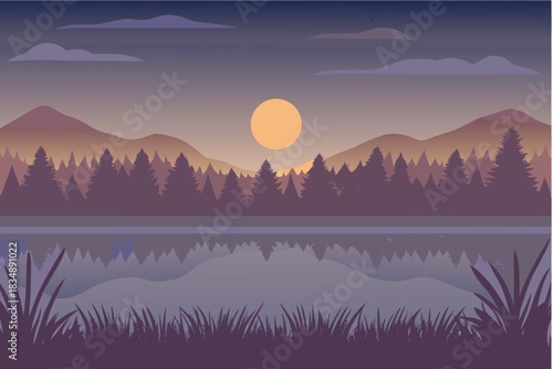 Tranquil landscape with a golden moon rising over silhouetted mountains and forest