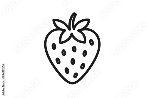 Single fresh ripe strawberry fruit with green leaves and seeds in a simple black outline