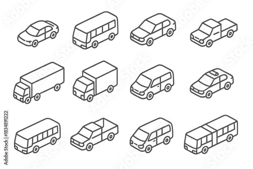 Isometric outline icons of city and commercial transportation vehicles and cars