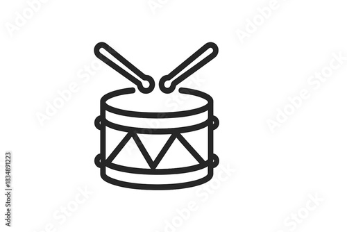Black and white line art depiction of a musical snare drum with crossed drumsticks