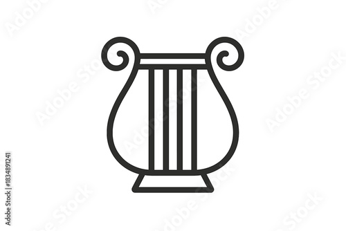 Minimalist black outline drawing of an ancient Greek lyre musical instrument