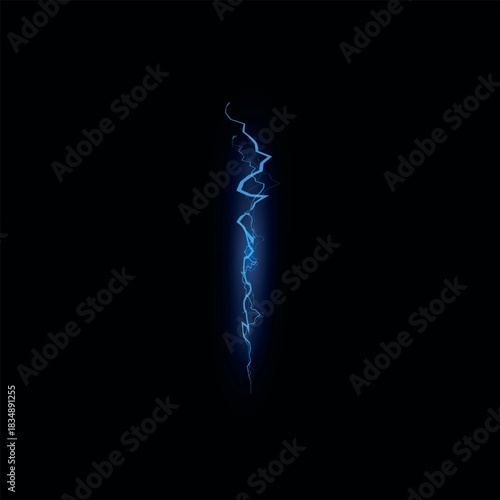 Thunderbolt blue lightning effect on black background, glowing energy beam, magic burst ray, realistic electric sparks