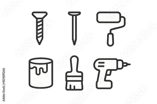 Essential construction and home improvement tools featuring drill, paint roller, and fasteners
