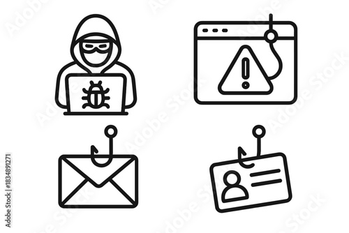 Digital security threats and cybercrime concepts including phishing, malware, and identity theft