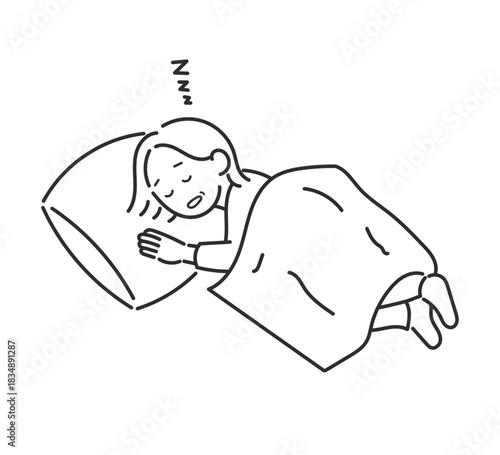 昼寝をする40代女性のイラスト　シンプルライン