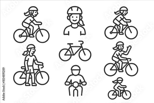 Minimalist line art featuring various cyclists riding bikes, helmeted rider portraits, and bicycle profiles