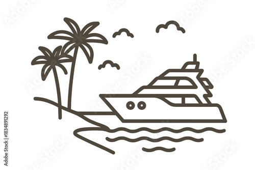 Large motor yacht anchored near tropical palm trees on a secluded island beach shore
