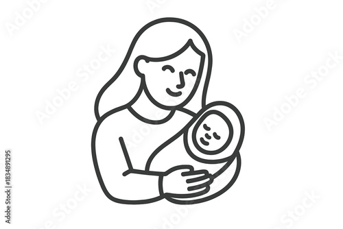 Smiling mother gently holding and embracing her sleeping newborn baby