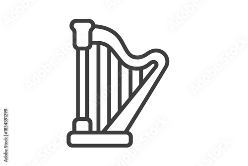 Minimalist outline icon of a large stringed musical instrument known as a harp