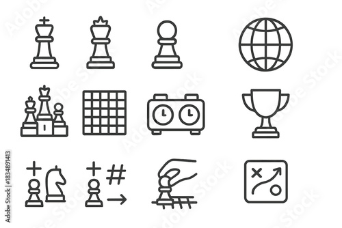 Outline symbols for chess game competition featuring pieces, clock, board, and trophy