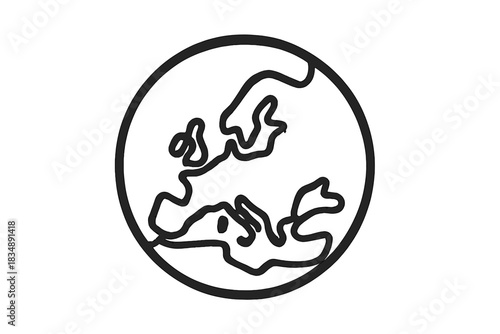 Minimalist continuous line drawing of the European continent map inside a circular frame