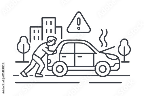 Man struggling to push broken down vehicle with engine smoke on a busy city street