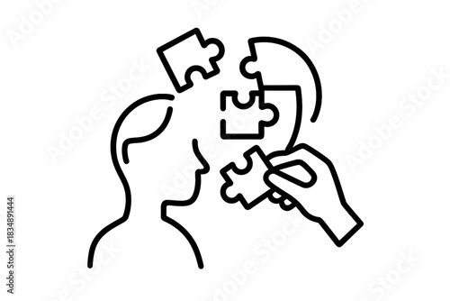 Conceptual graphic showing a hand placing a missing puzzle piece into a human head profile