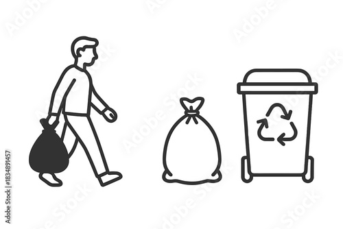 Person carrying trash bag walking toward recycling bin for waste management