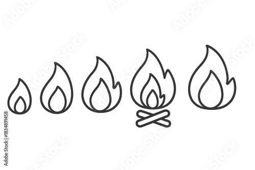 Outline icons of fire, flame intensity progression, and bonfire symbols
