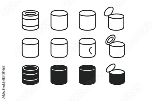 Simple graphic set of food can icons showing closed, open, and stacked metal containers
