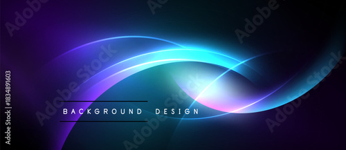 Abstract neon lights create flowing curves. Dark background emphasizes vibrant blue, purple hues. Text reads background design.