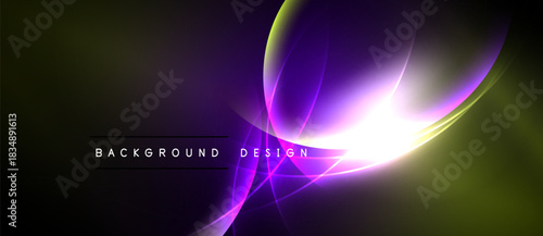 Abstract design features vibrant purple, yellow curves. Bright light emanates from center, dark background provides contrast. Modern, dynamic composition.