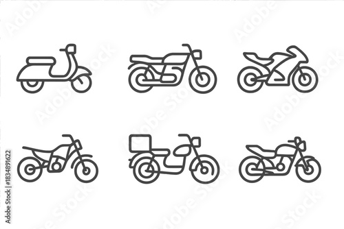 Set of six distinct two-wheeled motor vehicles including scooter, sport bike, and delivery motorcycle