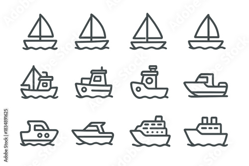 Collection of twelve boat and ship symbols for maritime transportation and nautical themes