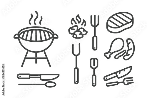 Barbecue and grilling featuring charcoal grill, steak, chicken, and cooking tools