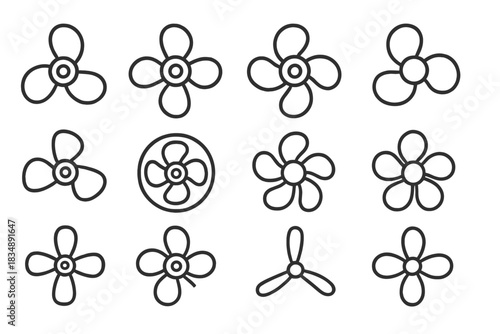 Outline icons showing various propeller and fan blade designs for air conditioning and cooling