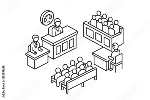 Courtroom trial scene with judge, jury box, and people attending the legal hearing