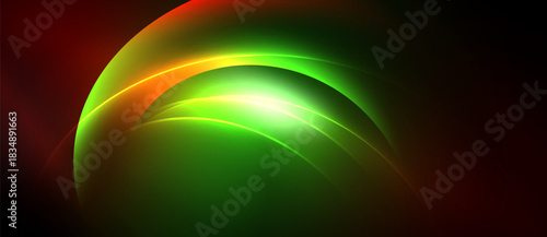 Abstract design features vibrant curves, glowing lines. Green, orange, red hues blend into dark background. Dynamic, modern aesthetic.