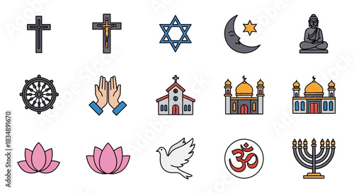 A vibrant, illustrative assortment of global religious symbols is presented in a clean, flat lay design against a stark white background, conveying spirituality and