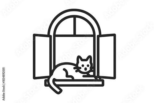 Stylized outline of a domestic cat relaxing on the sill of an open arched window
