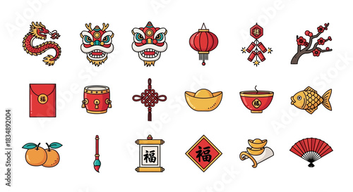 A festive flat lay features a set of outlined Chinese New Year icons including lion dances and red lanterns, set against a plain white background with a cartoon