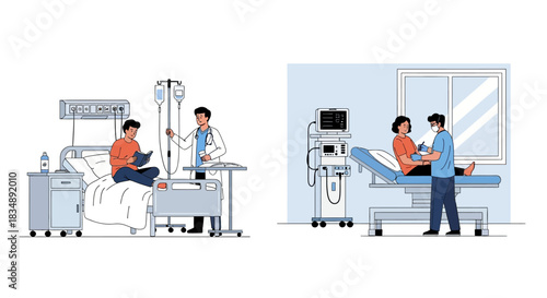 A flat illustration depicts a male patient reading in a hospital bed while a doctor checks his IV drip, alongside another patient getting examined in a blue-toned