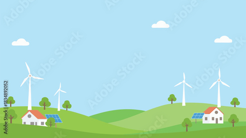 peaceful landscape featuring wind turbines green hills houses and a clear blue