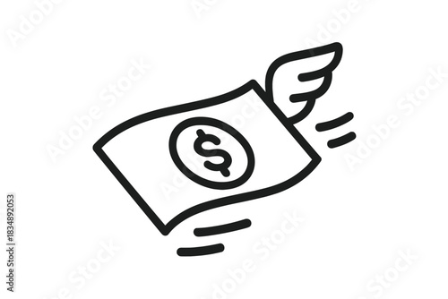 Money with wings flying away quickly symbolizing rapid financial loss and high expense