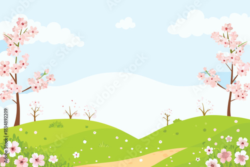 a gentle landscape featuring rolling green hills and blossoming cherry trees high quality