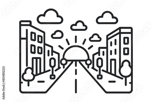 Urban street scene with buildings and road leading toward the bright rising sun