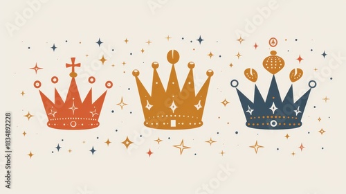 Epiphany three kings day celebration with royal crowns and festive stars. Flat illustartion. Horizontal banner. Copy space. Template with crowns and stars for Three Kings Day