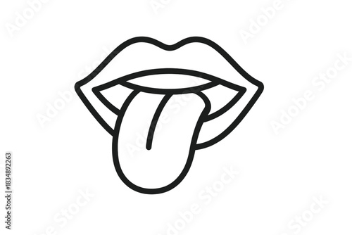 Minimalist black outline of human lips and tongue sticking out in a playful gesture