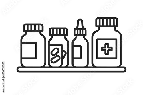 Collection of pharmaceutical bottles containing medicine, pills, and liquid medication