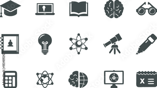 Collection of education and science icons representing learning discovery and knowledge acquisition through various tools and symbols Art & Illustration